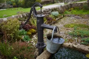filling bucket from hand pump for gardening